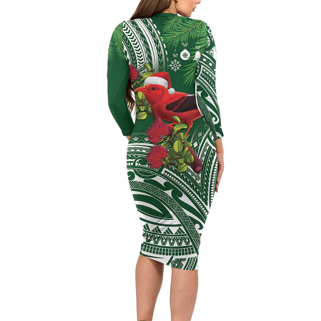 Christmas Hawaii with I'iwi Bird Long Sleeve Bodycon Dress Aloha Mele Kalikimaka - Green Art LT9 - Polynesian Pride