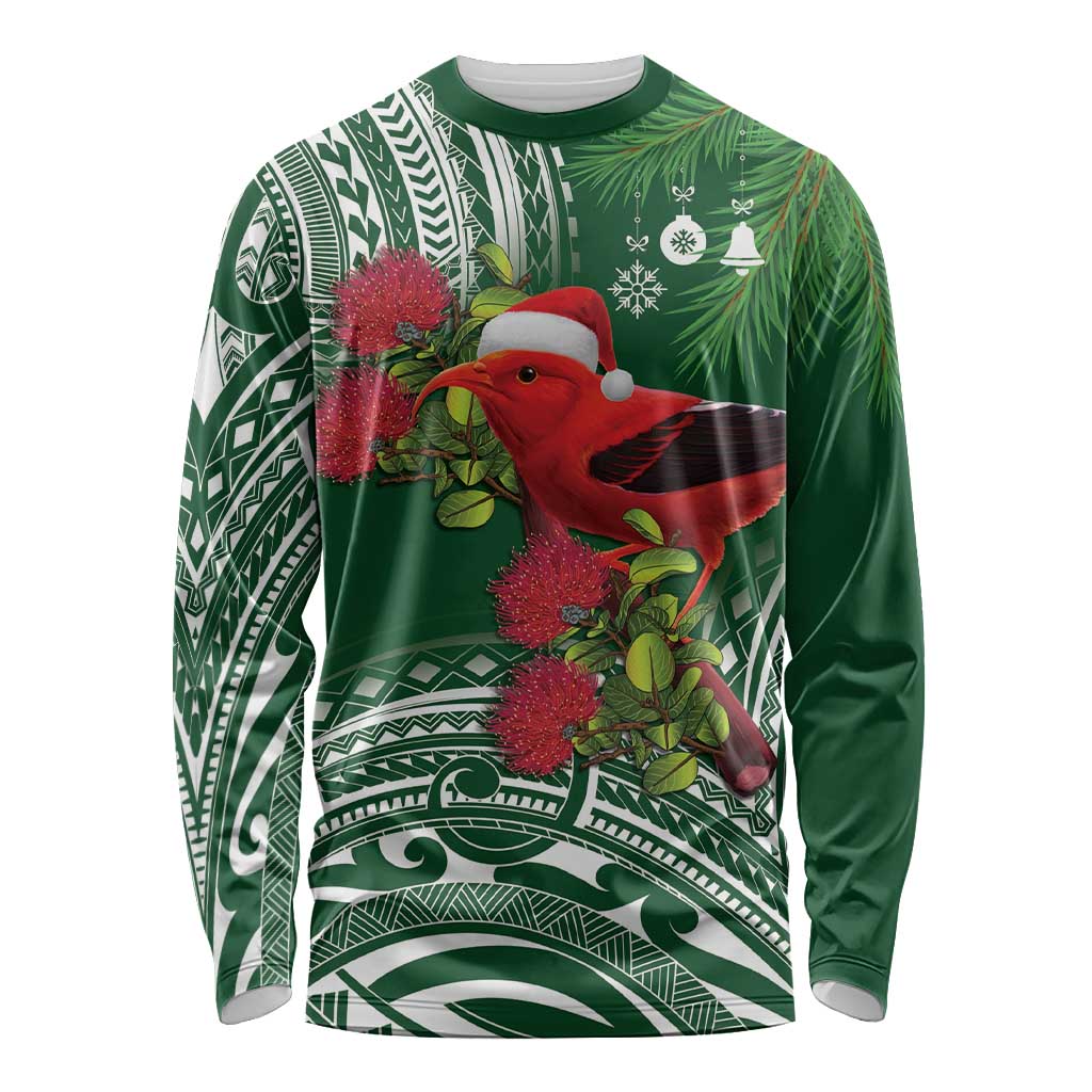 Christmas Hawaii with I'iwi Bird Long Sleeve Shirt Aloha Mele Kalikimaka - Green Art LT9 Unisex Green - Polynesian Pride