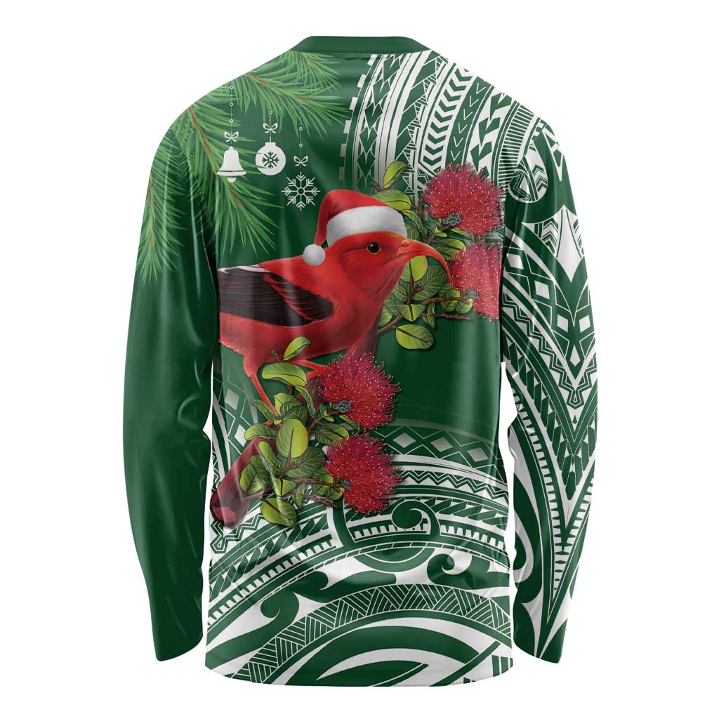 Christmas Hawaii with I'iwi Bird Long Sleeve Shirt Aloha Mele Kalikimaka - Green Art LT9 - Polynesian Pride