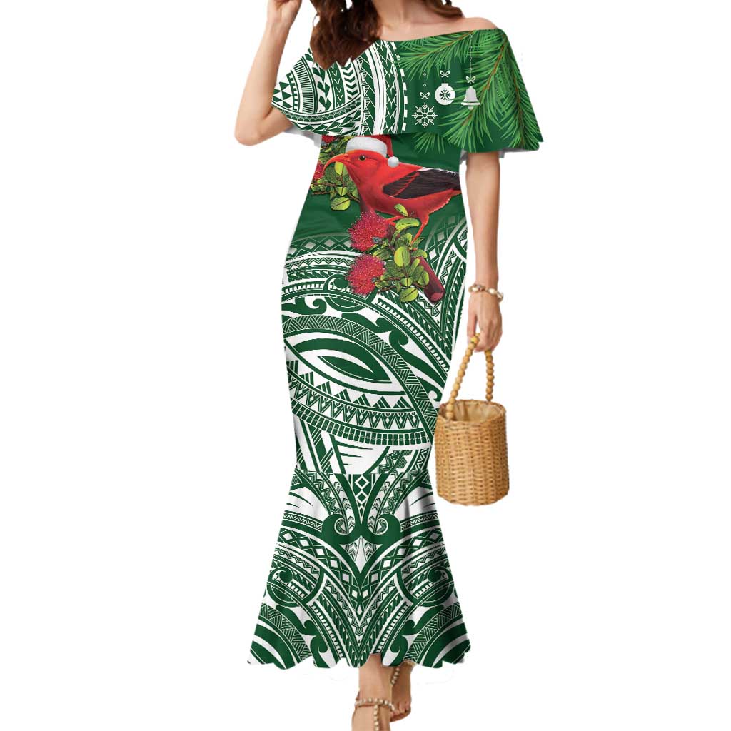 Christmas Hawaii with I'iwi Bird Mermaid Dress Aloha Mele Kalikimaka - Green Art LT9 Women Green - Polynesian Pride