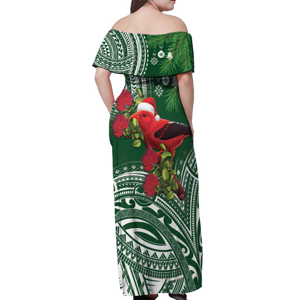 Christmas Hawaii with I'iwi Bird Off Shoulder Maxi Dress Aloha Mele Kalikimaka - Green Art LT9 - Polynesian Pride