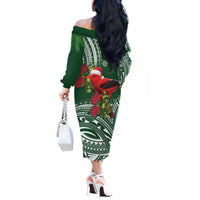 Christmas Hawaii with I'iwi Bird Off The Shoulder Long Sleeve Dress Aloha Mele Kalikimaka - Green Art LT9 - Polynesian Pride