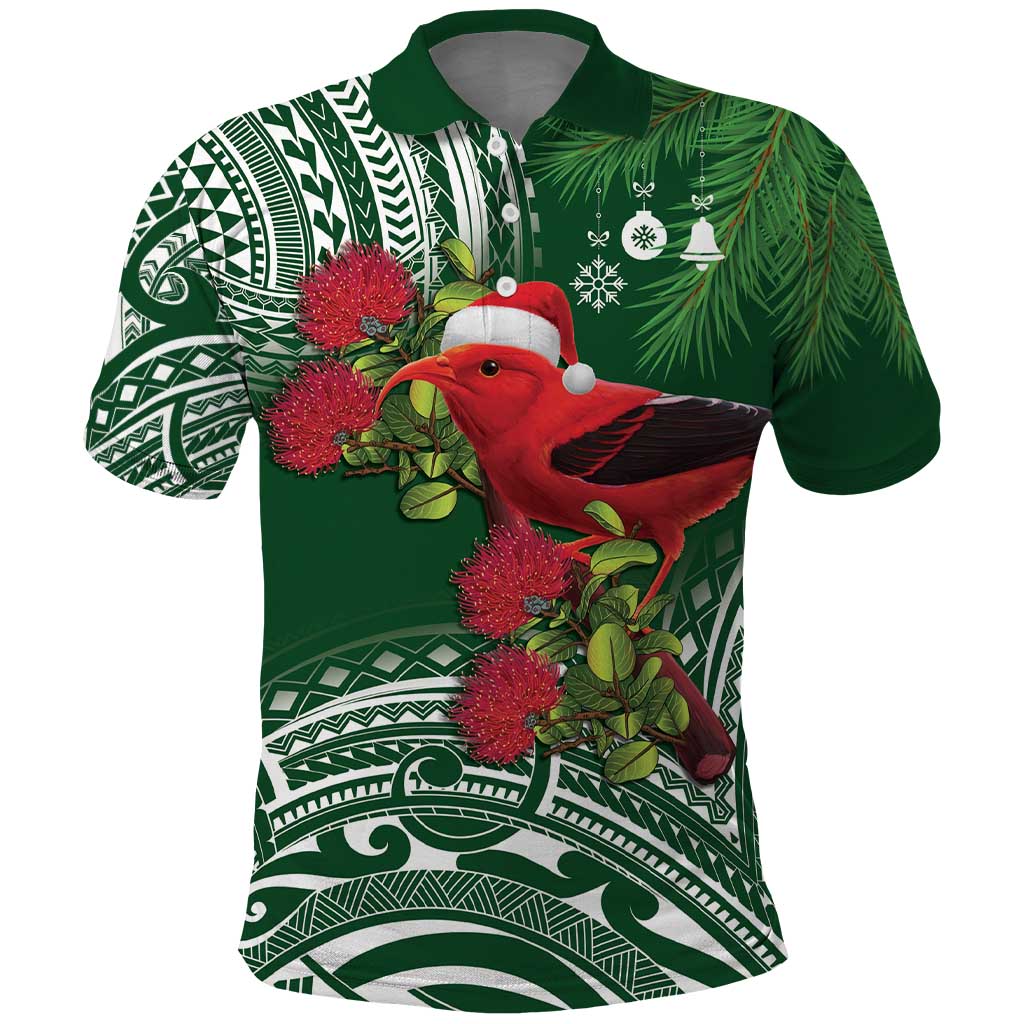 Christmas Hawaii with I'iwi Bird Polo Shirt Aloha Mele Kalikimaka - Green Art LT9 Green - Polynesian Pride
