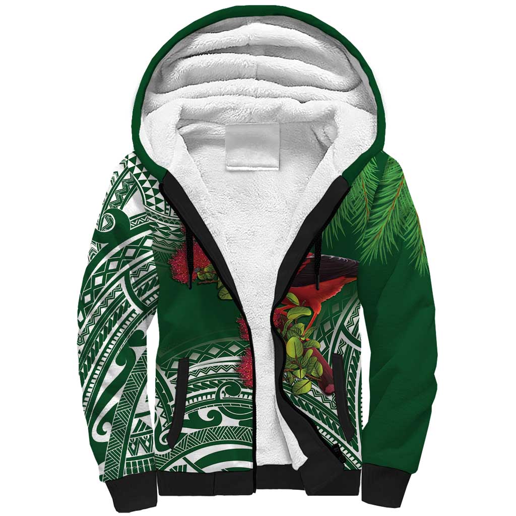 Christmas Hawaii with I'iwi Bird Sherpa Hoodie Aloha Mele Kalikimaka - Green Art LT9 Unisex Green - Polynesian Pride