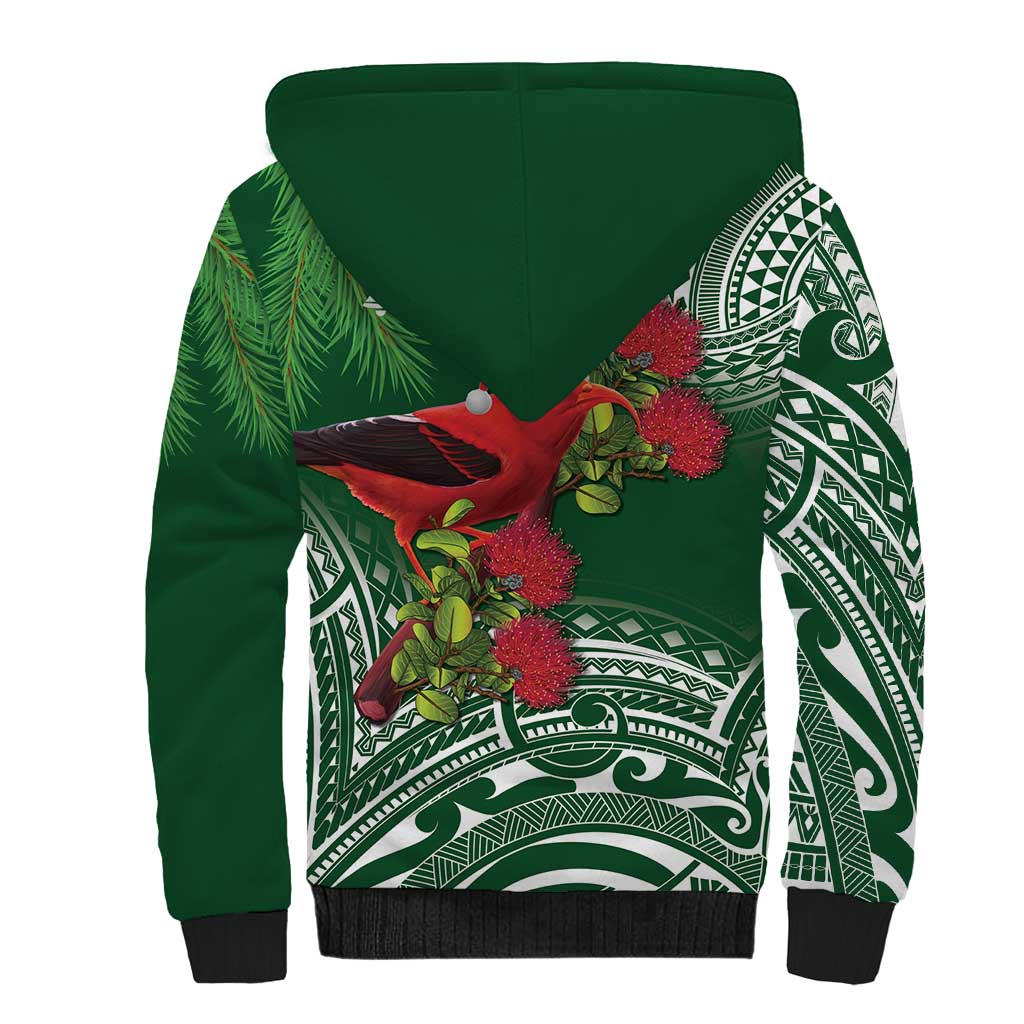 Christmas Hawaii with I'iwi Bird Sherpa Hoodie Aloha Mele Kalikimaka - Green Art LT9 - Polynesian Pride