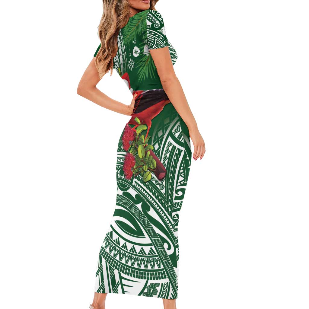 Christmas Hawaii with I'iwi Bird Short Sleeve Bodycon Dress Aloha Mele Kalikimaka - Green Art LT9 - Polynesian Pride