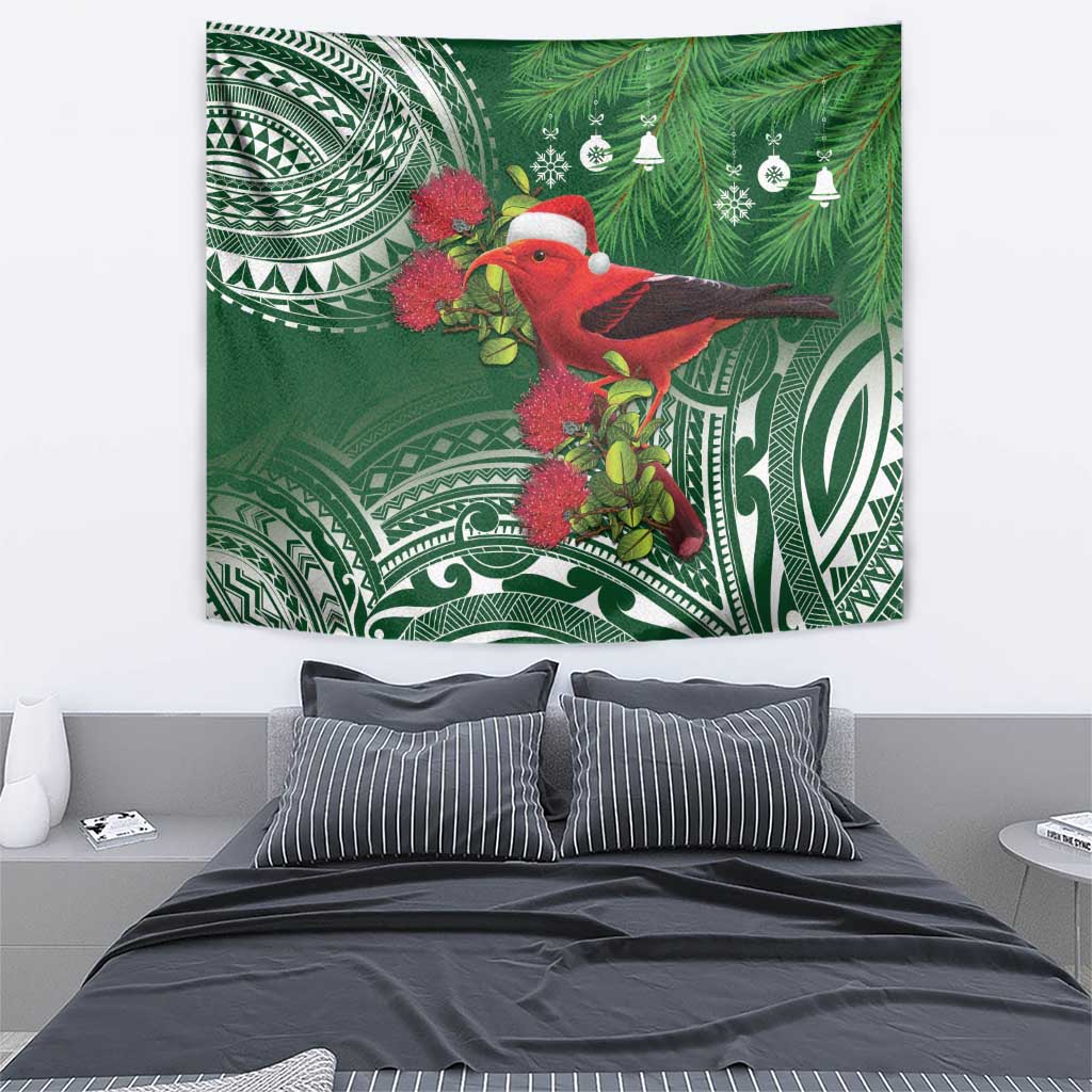 Christmas Hawaii with I'iwi Bird Tapestry Aloha Mele Kalikimaka - Green Art