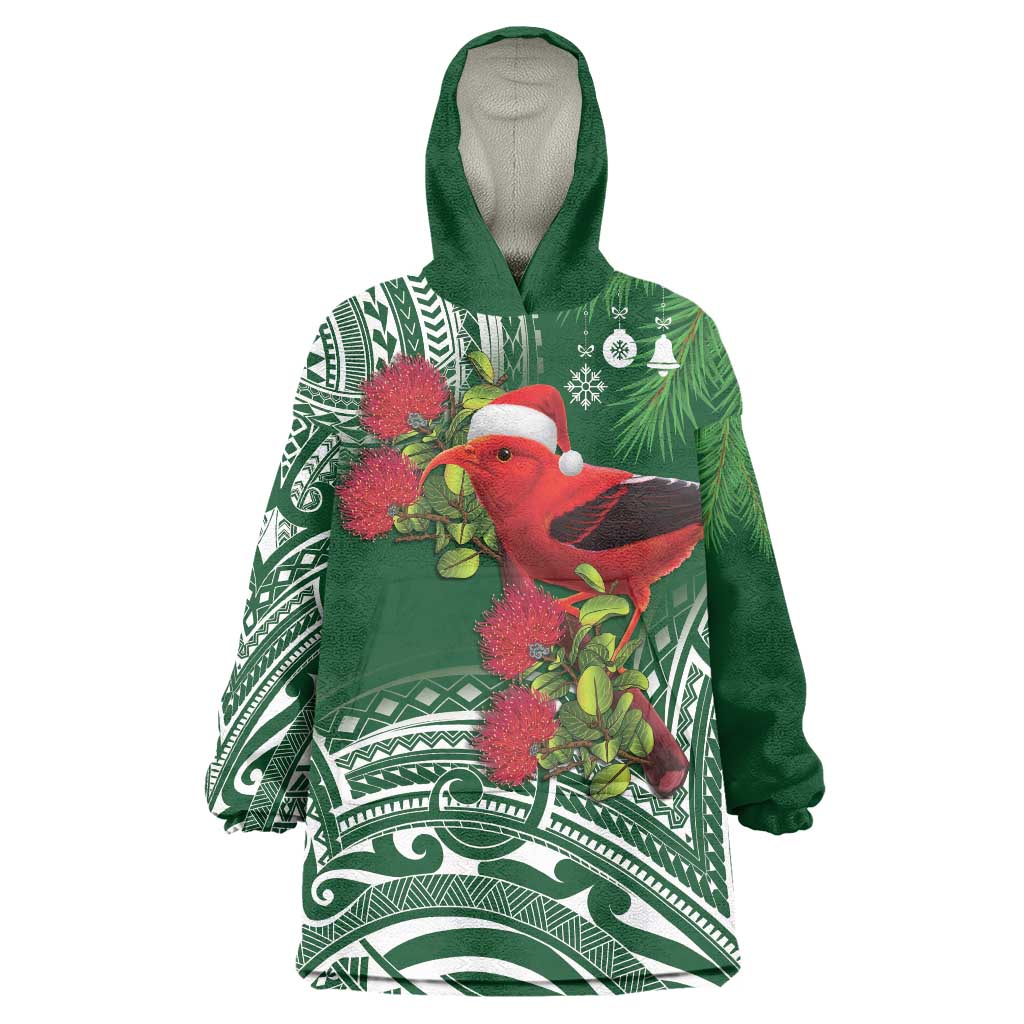 Christmas Hawaii with I'iwi Bird Wearable Blanket Hoodie Aloha Mele Kalikimaka - Green Art LT9 One Size Green - Polynesian Pride