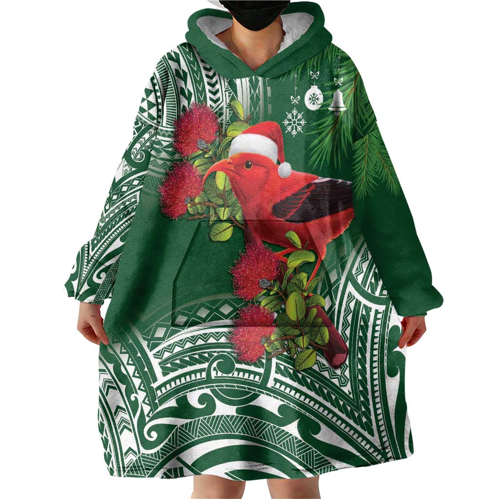 Christmas Hawaii with I'iwi Bird Wearable Blanket Hoodie Aloha Mele Kalikimaka - Green Art LT9 - Polynesian Pride
