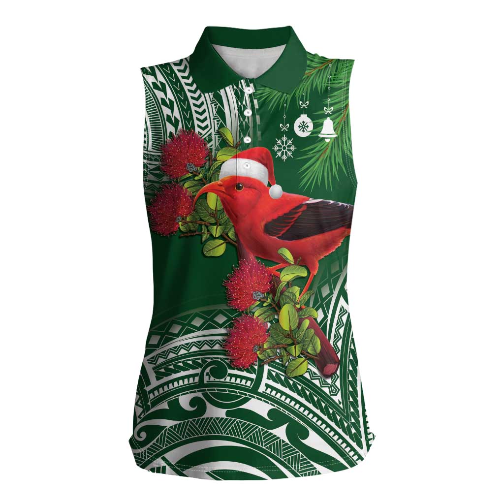 Christmas Hawaii with I'iwi Bird Women Sleeveless Polo Shirt Aloha Mele Kalikimaka - Green Art LT9 Female Green - Polynesian Pride