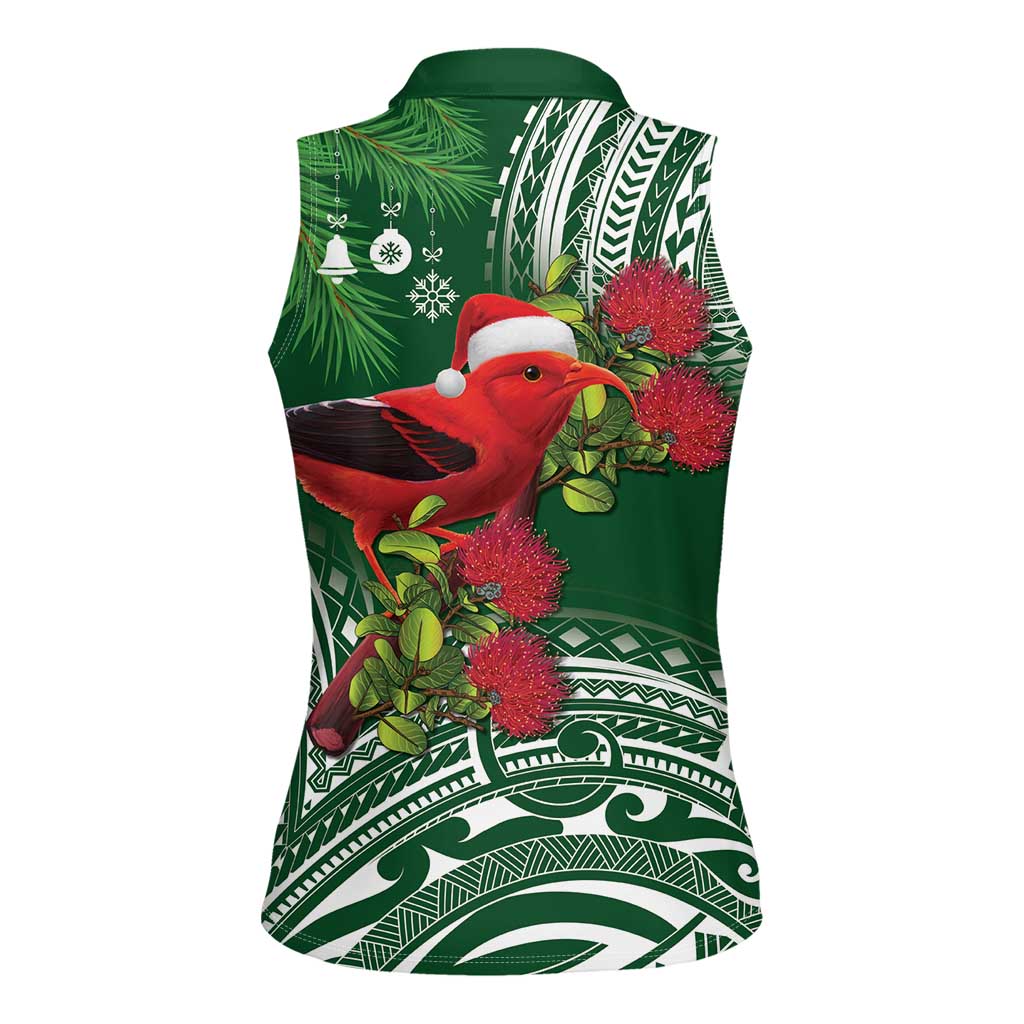 Christmas Hawaii with I'iwi Bird Women Sleeveless Polo Shirt Aloha Mele Kalikimaka - Green Art LT9 - Polynesian Pride