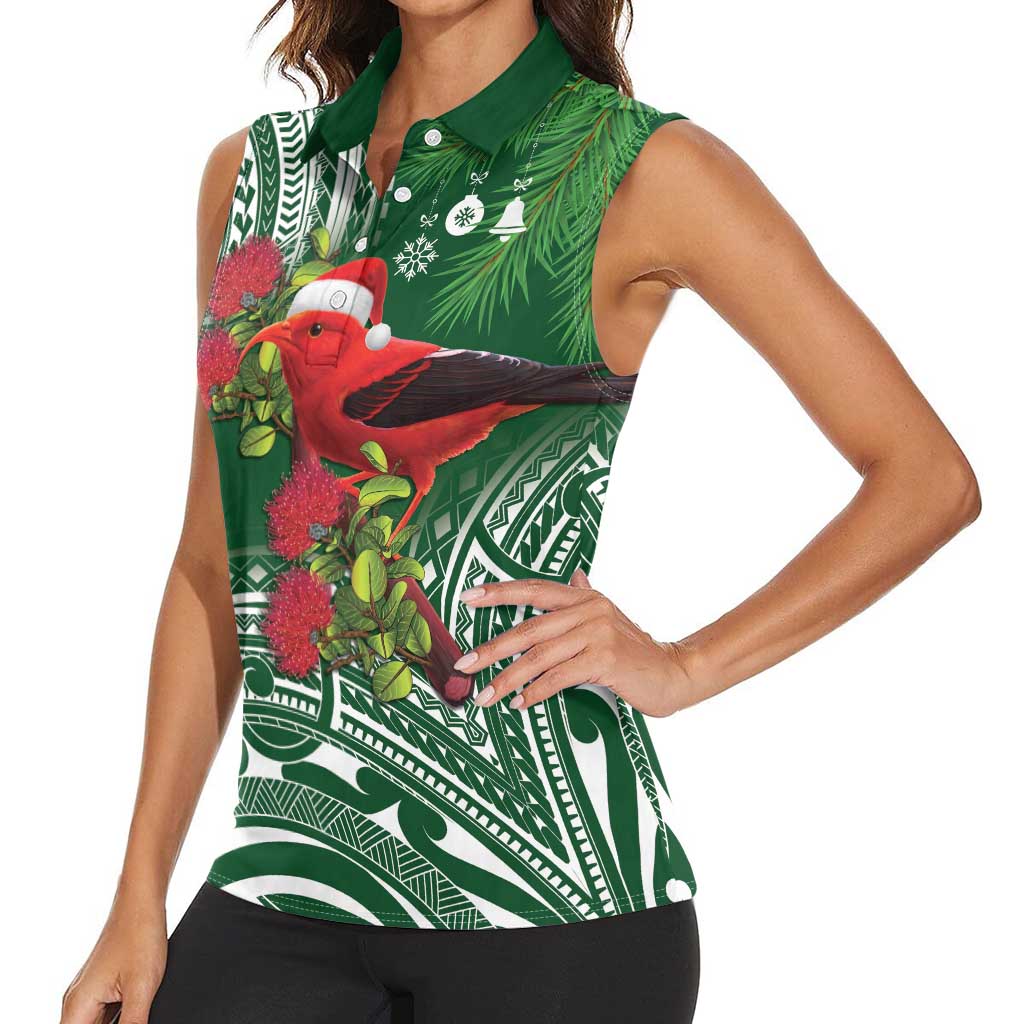Christmas Hawaii with I'iwi Bird Women Sleeveless Polo Shirt Aloha Mele Kalikimaka - Green Art LT9 - Polynesian Pride