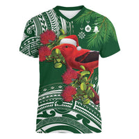 Christmas Hawaii with I'iwi Bird Women V-Neck T-Shirt Aloha Mele Kalikimaka - Green Art LT9 Female Green - Polynesian Pride