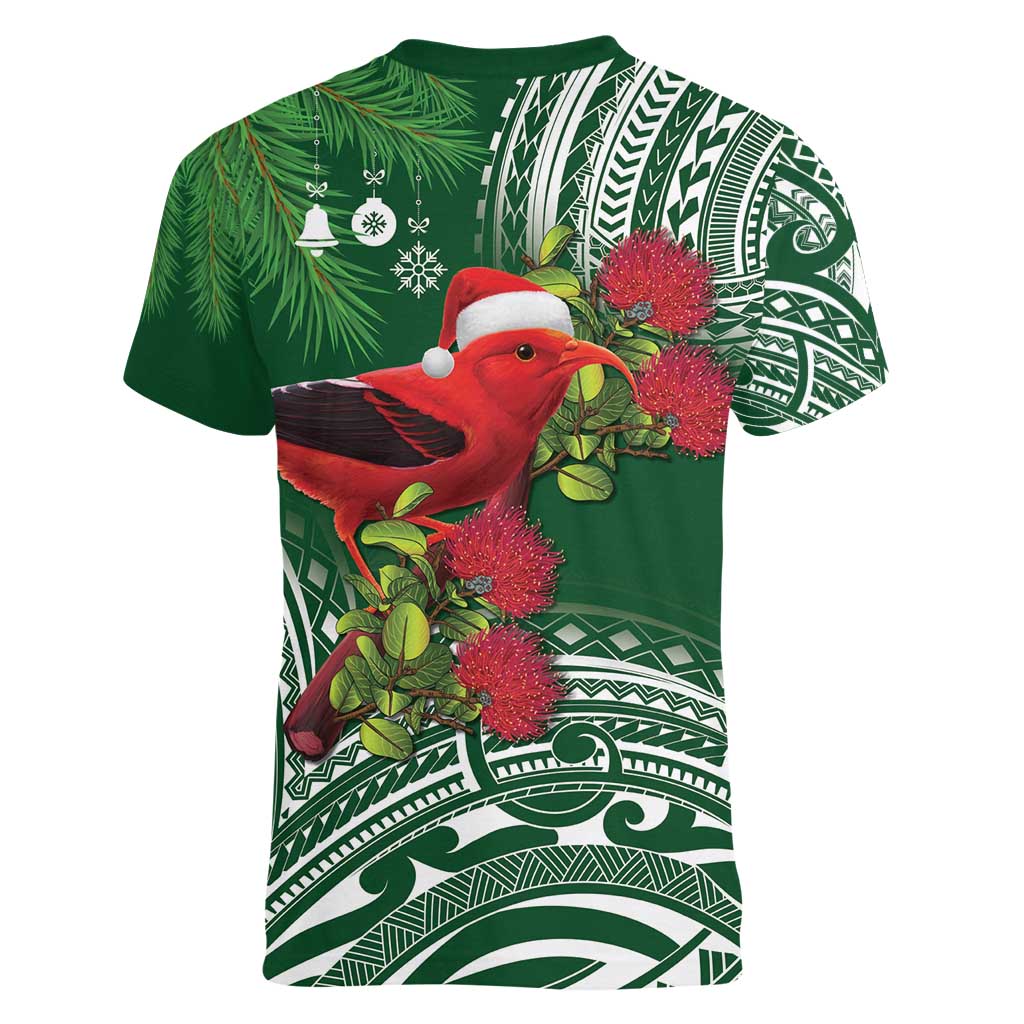 Christmas Hawaii with I'iwi Bird Women V-Neck T-Shirt Aloha Mele Kalikimaka - Green Art LT9 - Polynesian Pride