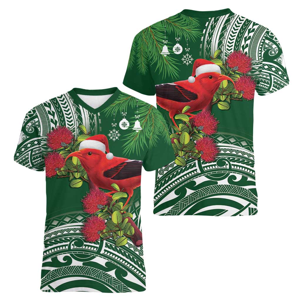 Christmas Hawaii with I'iwi Bird Women V-Neck T-Shirt Aloha Mele Kalikimaka - Green Art LT9 - Polynesian Pride