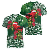 Christmas Hawaii with I'iwi Bird Women V-Neck T-Shirt Aloha Mele Kalikimaka - Green Art LT9 - Polynesian Pride