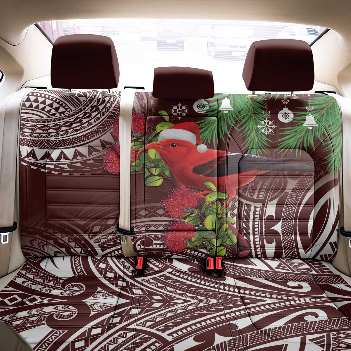 Christmas Hawaii with I'iwi Bird Back Car Seat Cover Aloha Mele Kalikimaka - Oxblood Art LT9 - Polynesian Pride