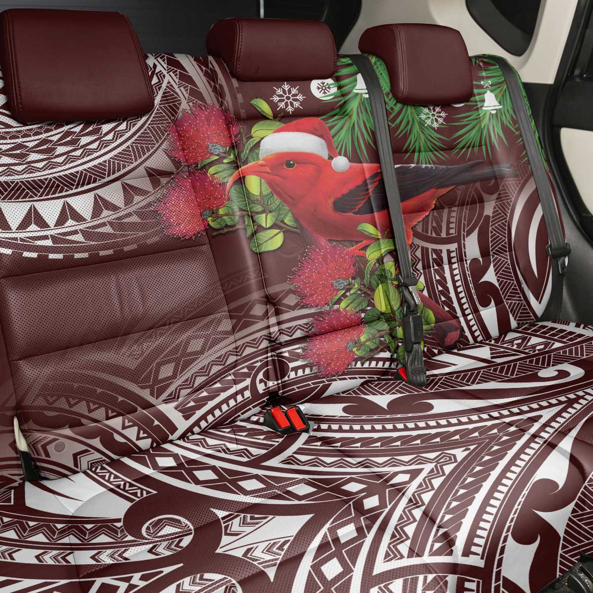 Christmas Hawaii with I'iwi Bird Back Car Seat Cover Aloha Mele Kalikimaka - Oxblood Art LT9 - Polynesian Pride