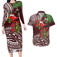 Christmas Hawaii with I'iwi Bird Couples Matching Long Sleeve Bodycon Dress and Hawaiian Shirt Aloha Mele Kalikimaka - Oxblood Art LT9 Oxblood - Polynesian Pride