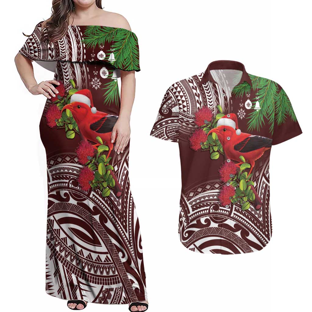 Christmas Hawaii with I'iwi Bird Couples Matching Off Shoulder Maxi Dress and Hawaiian Shirt Aloha Mele Kalikimaka - Oxblood Art LT9 Oxblood - Polynesian Pride