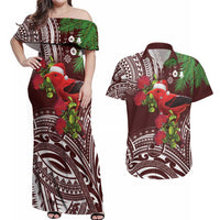 Christmas Hawaii with I'iwi Bird Couples Matching Off Shoulder Maxi Dress and Hawaiian Shirt Aloha Mele Kalikimaka - Oxblood Art LT9 Oxblood - Polynesian Pride