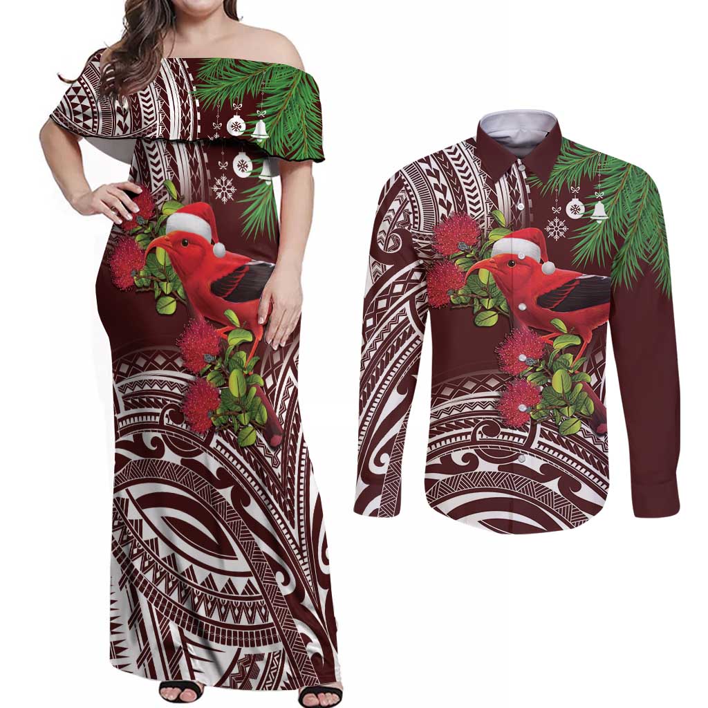 Christmas Hawaii with I'iwi Bird Couples Matching Off Shoulder Maxi Dress and Long Sleeve Button Shirt Aloha Mele Kalikimaka - Oxblood Art LT9 Oxblood - Polynesian Pride