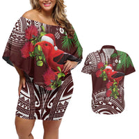 Christmas Hawaii with I'iwi Bird Couples Matching Off Shoulder Short Dress and Hawaiian Shirt Aloha Mele Kalikimaka - Oxblood Art LT9 Oxblood - Polynesian Pride