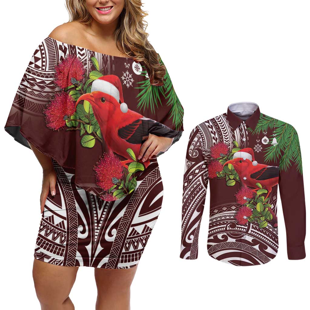 Christmas Hawaii with I'iwi Bird Couples Matching Off Shoulder Short Dress and Long Sleeve Button Shirt Aloha Mele Kalikimaka - Oxblood Art LT9 Oxblood - Polynesian Pride