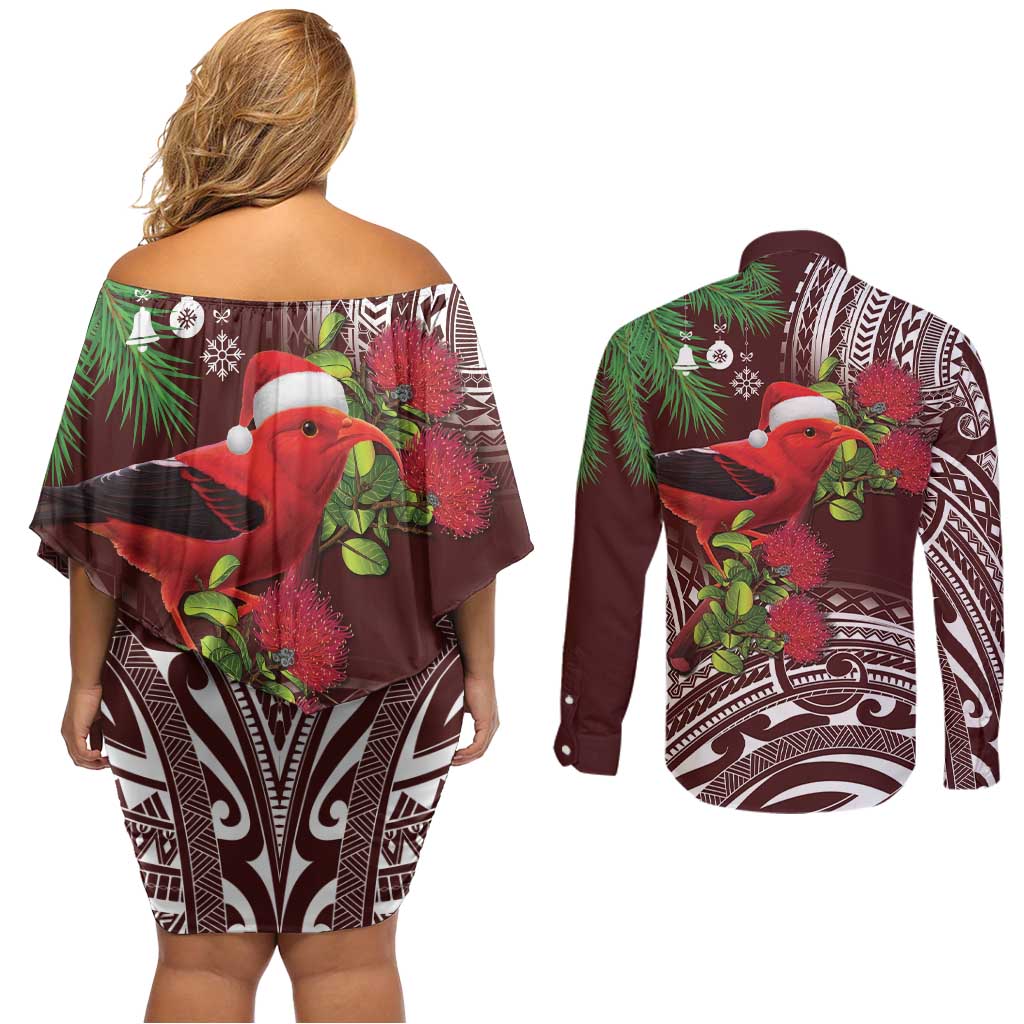 Christmas Hawaii with I'iwi Bird Couples Matching Off Shoulder Short Dress and Long Sleeve Button Shirt Aloha Mele Kalikimaka - Oxblood Art LT9 - Polynesian Pride