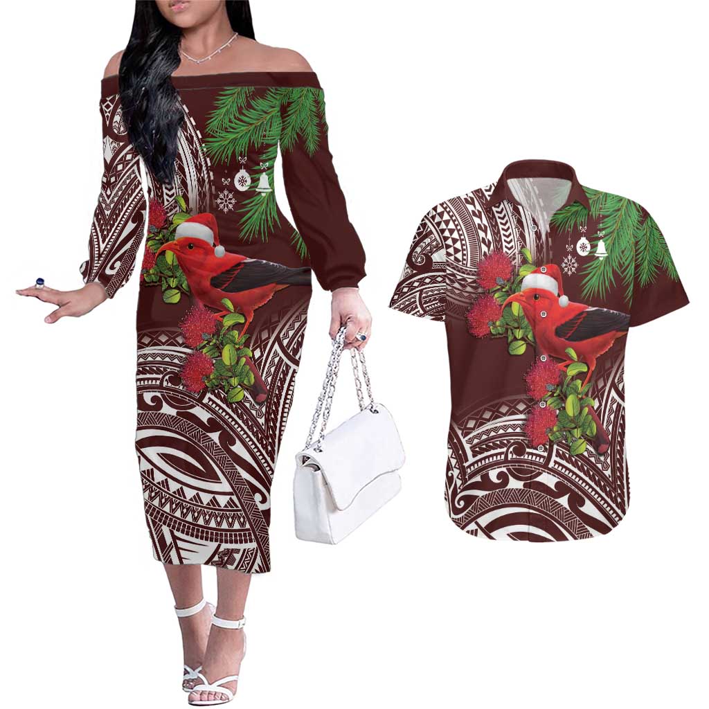 Christmas Hawaii with I'iwi Bird Couples Matching Off The Shoulder Long Sleeve Dress and Hawaiian Shirt Aloha Mele Kalikimaka - Oxblood Art LT9 Oxblood - Polynesian Pride