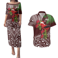 Christmas Hawaii with I'iwi Bird Couples Matching Puletasi and Hawaiian Shirt Aloha Mele Kalikimaka - Oxblood Art LT9 Oxblood - Polynesian Pride