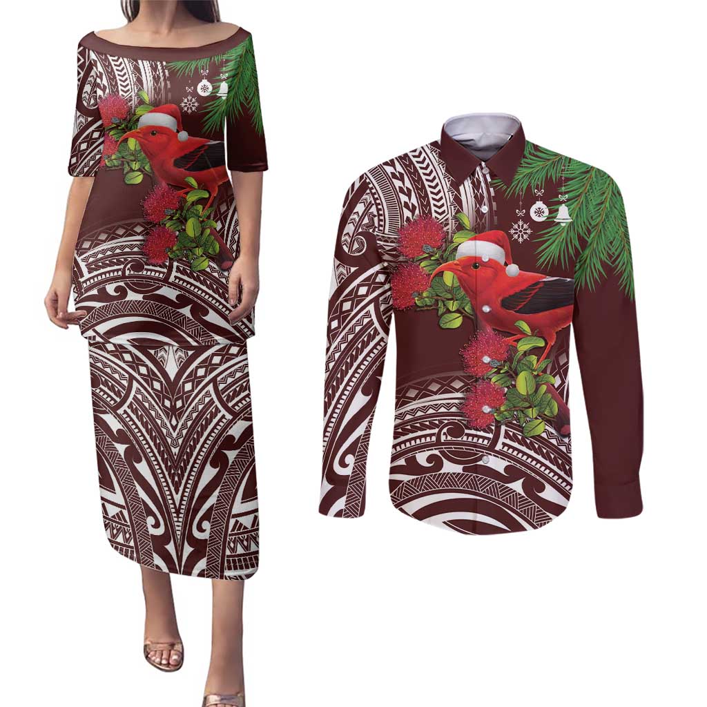 Christmas Hawaii with I'iwi Bird Couples Matching Puletasi and Long Sleeve Button Shirt Aloha Mele Kalikimaka - Oxblood Art LT9 Oxblood - Polynesian Pride