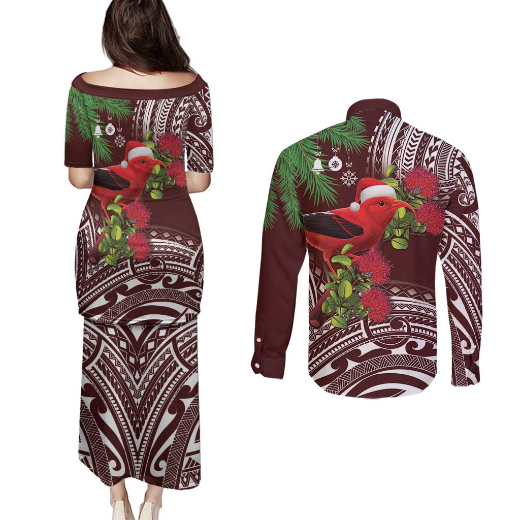 Christmas Hawaii with I'iwi Bird Couples Matching Puletasi and Long Sleeve Button Shirt Aloha Mele Kalikimaka - Oxblood Art LT9 - Polynesian Pride