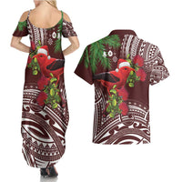 Christmas Hawaii with I'iwi Bird Couples Matching Summer Maxi Dress and Hawaiian Shirt Aloha Mele Kalikimaka - Oxblood Art LT9 - Polynesian Pride