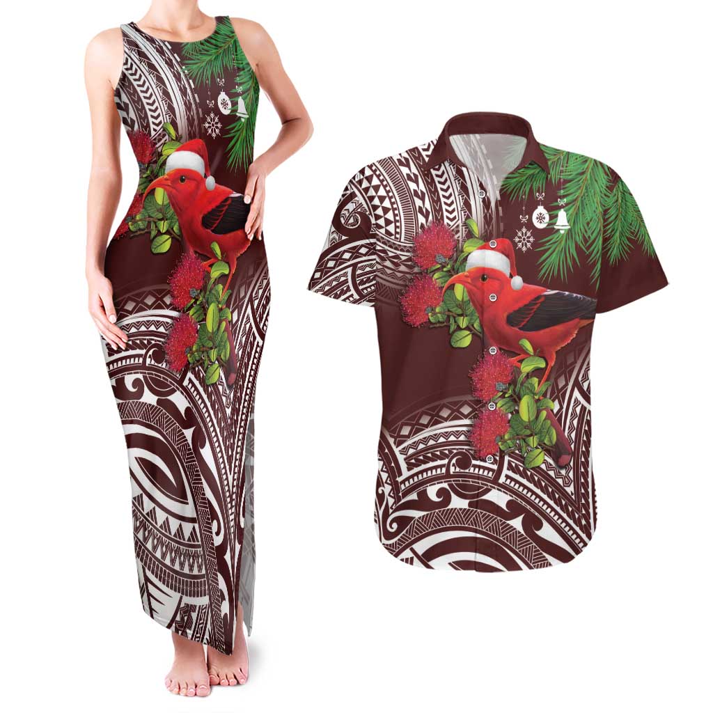 Christmas Hawaii with I'iwi Bird Couples Matching Tank Maxi Dress and Hawaiian Shirt Aloha Mele Kalikimaka - Oxblood Art LT9 Oxblood - Polynesian Pride