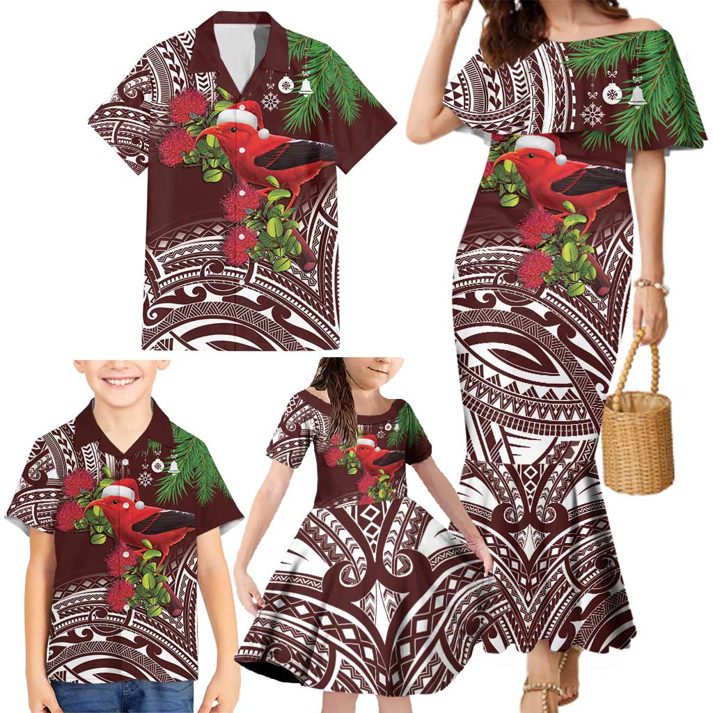 Christmas Hawaii with I'iwi Bird Family Matching Mermaid Dress and Hawaiian Shirt Aloha Mele Kalikimaka - Oxblood Art LT9 - Polynesian Pride