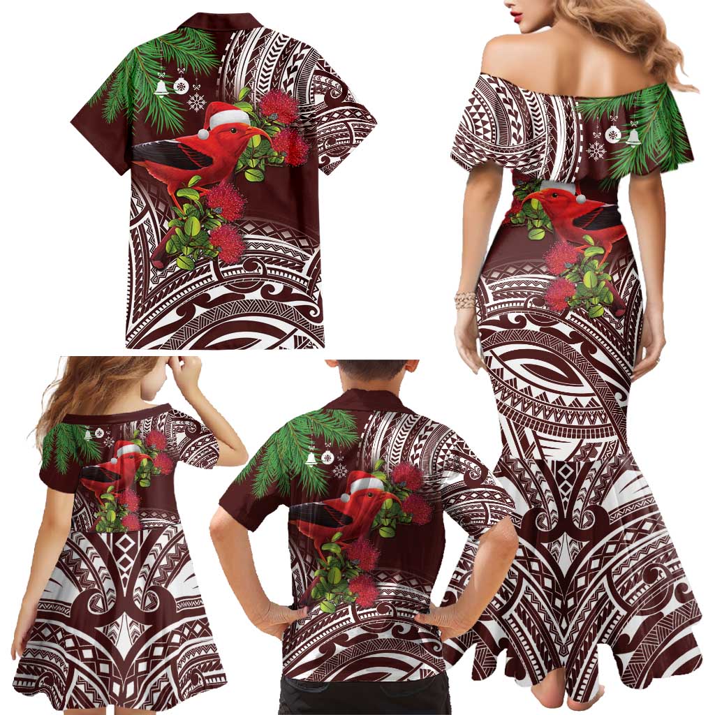 Christmas Hawaii with I'iwi Bird Family Matching Mermaid Dress and Hawaiian Shirt Aloha Mele Kalikimaka - Oxblood Art LT9 - Polynesian Pride