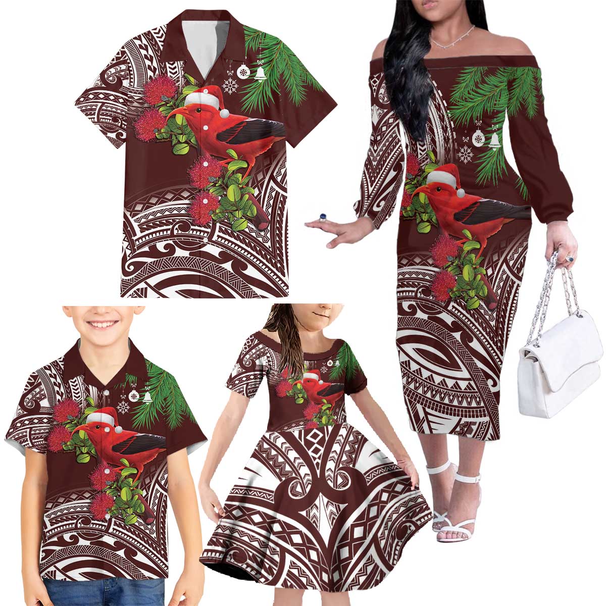 Christmas Hawaii with I'iwi Bird Family Matching Off The Shoulder Long Sleeve Dress and Hawaiian Shirt Aloha Mele Kalikimaka - Oxblood Art LT9 - Polynesian Pride