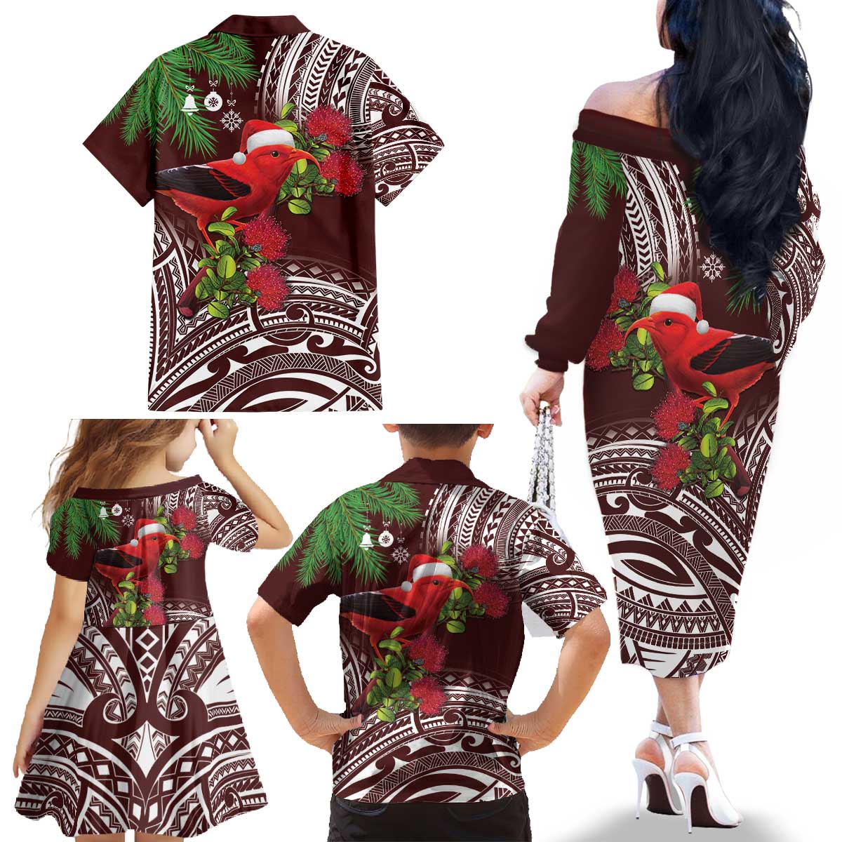 Christmas Hawaii with I'iwi Bird Family Matching Off The Shoulder Long Sleeve Dress and Hawaiian Shirt Aloha Mele Kalikimaka - Oxblood Art LT9 - Polynesian Pride