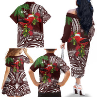 Christmas Hawaii with I'iwi Bird Family Matching Off The Shoulder Long Sleeve Dress and Hawaiian Shirt Aloha Mele Kalikimaka - Oxblood Art LT9 - Polynesian Pride