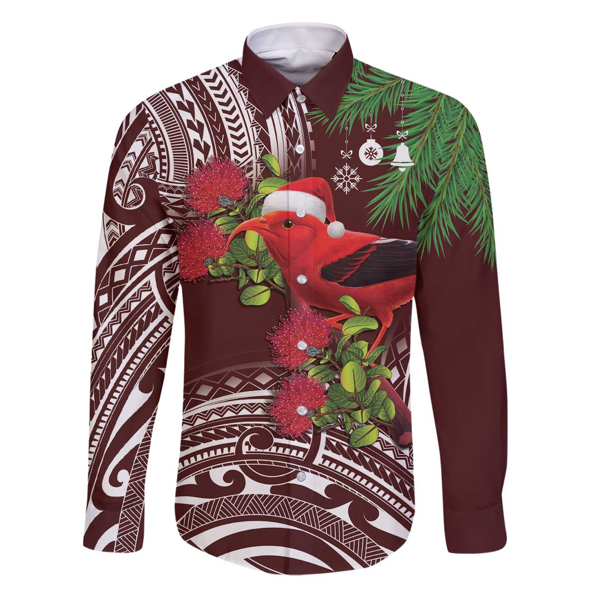 Christmas Hawaii with I'iwi Bird Family Matching Off The Shoulder Long Sleeve Dress and Hawaiian Shirt Aloha Mele Kalikimaka - Oxblood Art LT9 Dad's Shirt - Long Sleeve Oxblood - Polynesian Pride