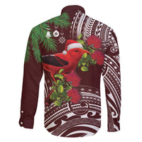 Christmas Hawaii with I'iwi Bird Family Matching Off The Shoulder Long Sleeve Dress and Hawaiian Shirt Aloha Mele Kalikimaka - Oxblood Art LT9 - Polynesian Pride