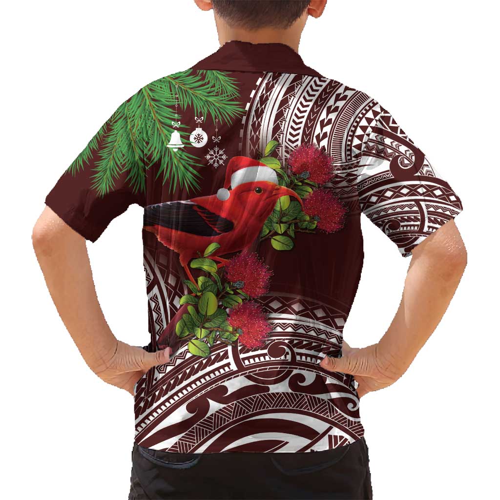 Christmas Hawaii with I'iwi Bird Family Matching Off Shoulder Maxi Dress and Hawaiian Shirt Aloha Mele Kalikimaka - Oxblood Art LT9 - Polynesian Pride