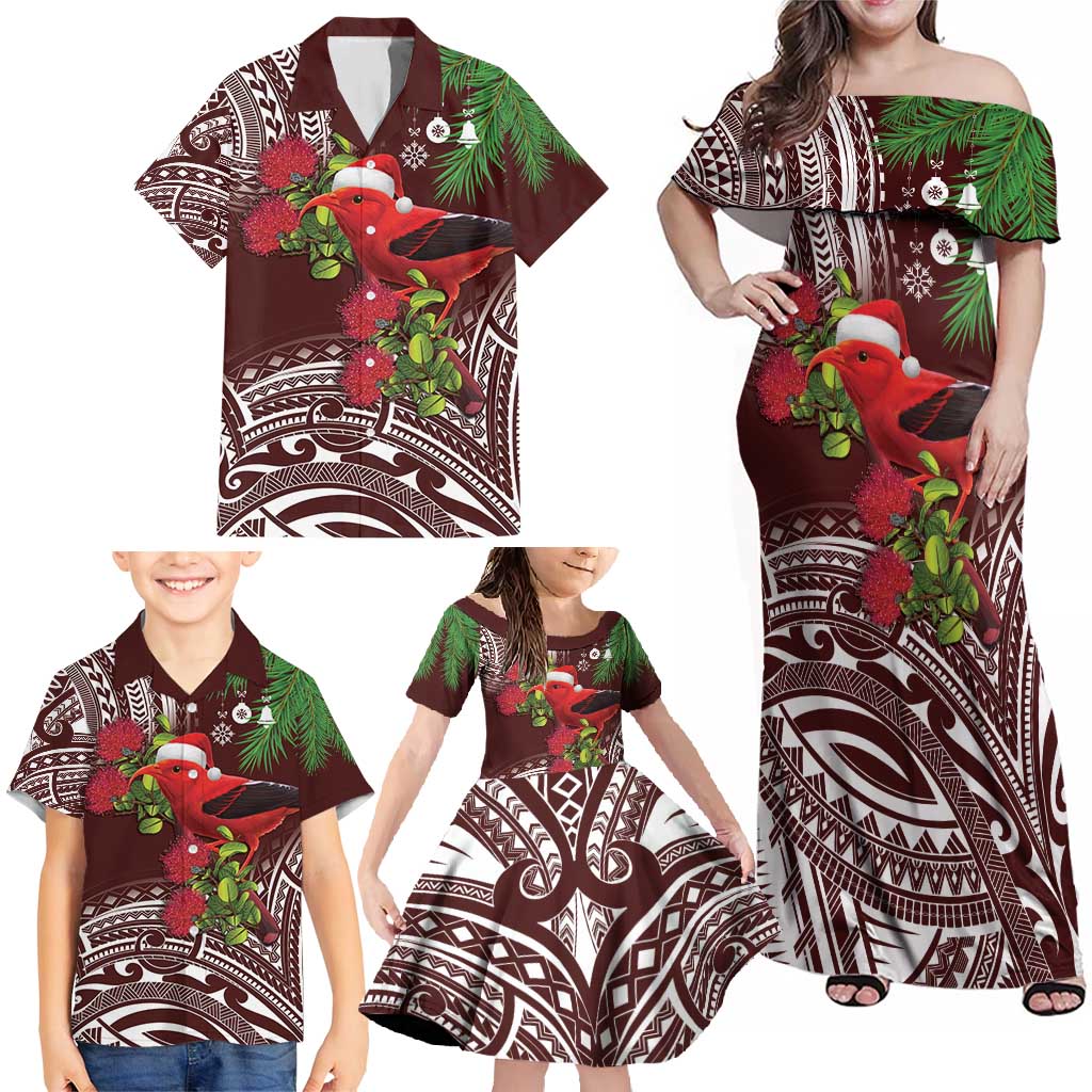 Christmas Hawaii with I'iwi Bird Family Matching Off Shoulder Maxi Dress and Hawaiian Shirt Aloha Mele Kalikimaka - Oxblood Art LT9 - Polynesian Pride