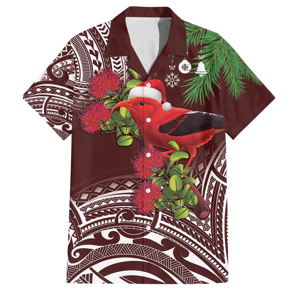 Christmas Hawaii with I'iwi Bird Family Matching Off Shoulder Maxi Dress and Hawaiian Shirt Aloha Mele Kalikimaka - Oxblood Art LT9 Dad's Shirt - Short Sleeve Oxblood - Polynesian Pride
