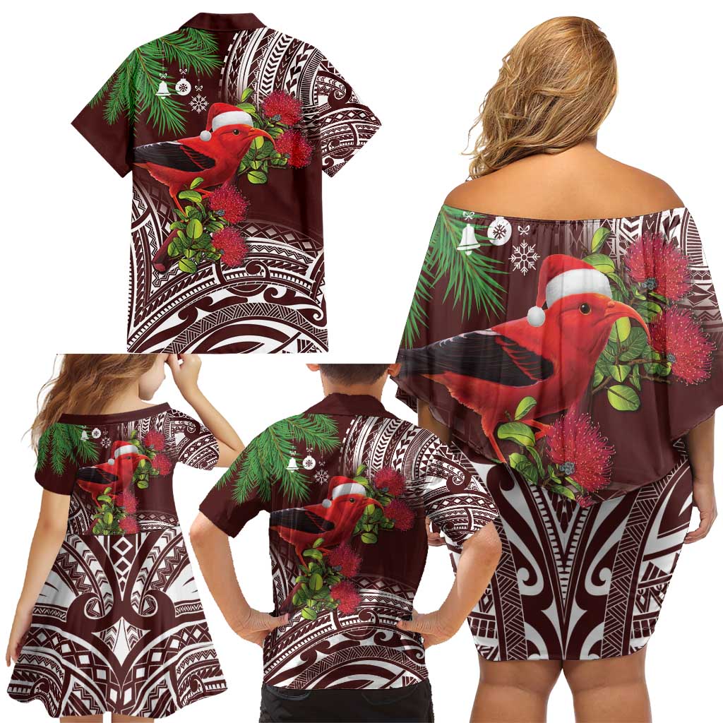 Christmas Hawaii with I'iwi Bird Family Matching Off Shoulder Short Dress and Hawaiian Shirt Aloha Mele Kalikimaka - Oxblood Art LT9 - Polynesian Pride