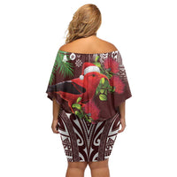 Christmas Hawaii with I'iwi Bird Family Matching Off Shoulder Short Dress and Hawaiian Shirt Aloha Mele Kalikimaka - Oxblood Art LT9 - Polynesian Pride