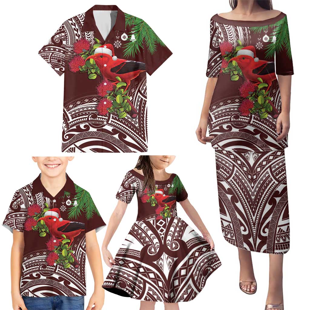Christmas Hawaii with I'iwi Bird Family Matching Puletasi and Hawaiian Shirt Aloha Mele Kalikimaka - Oxblood Art LT9 - Polynesian Pride