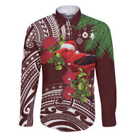 Christmas Hawaii with I'iwi Bird Family Matching Puletasi and Hawaiian Shirt Aloha Mele Kalikimaka - Oxblood Art LT9 Dad's Shirt - Long Sleeve Oxblood - Polynesian Pride