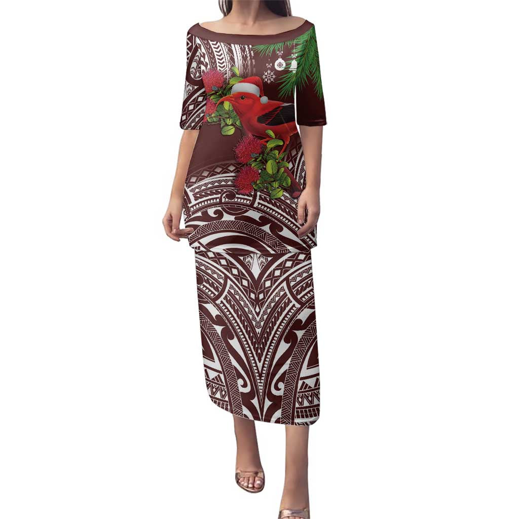 Christmas Hawaii with I'iwi Bird Family Matching Puletasi and Hawaiian Shirt Aloha Mele Kalikimaka - Oxblood Art LT9 Mom's Dress Oxblood - Polynesian Pride